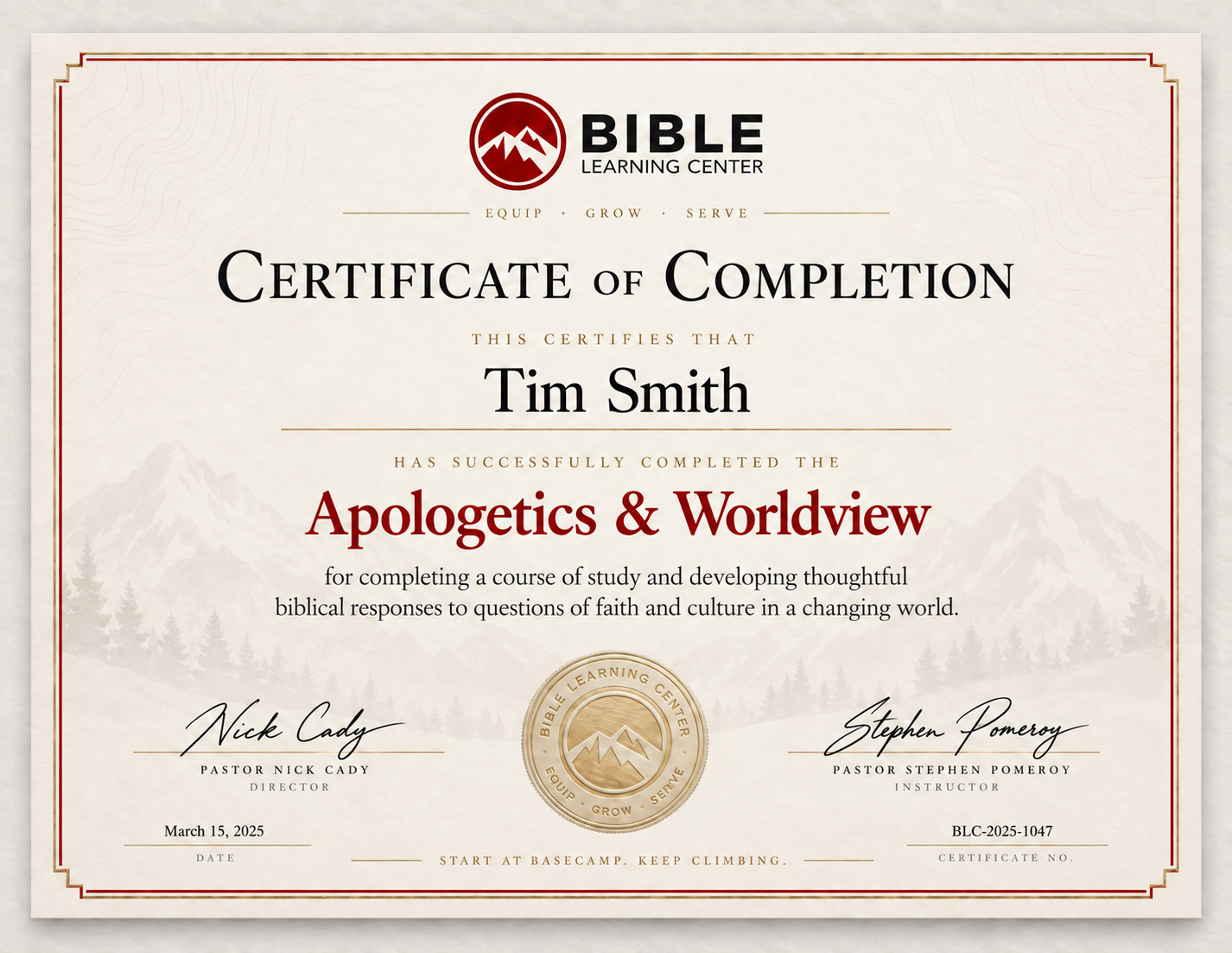 BLC Apologetics & Worldview certificate design example with cream parchment, burgundy and gold border, mountain artwork, and gold seal