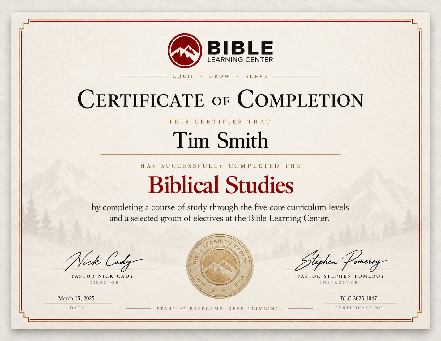 BLC Biblical Studies certificate design example with cream parchment, burgundy and gold border, mountain artwork, and gold seal