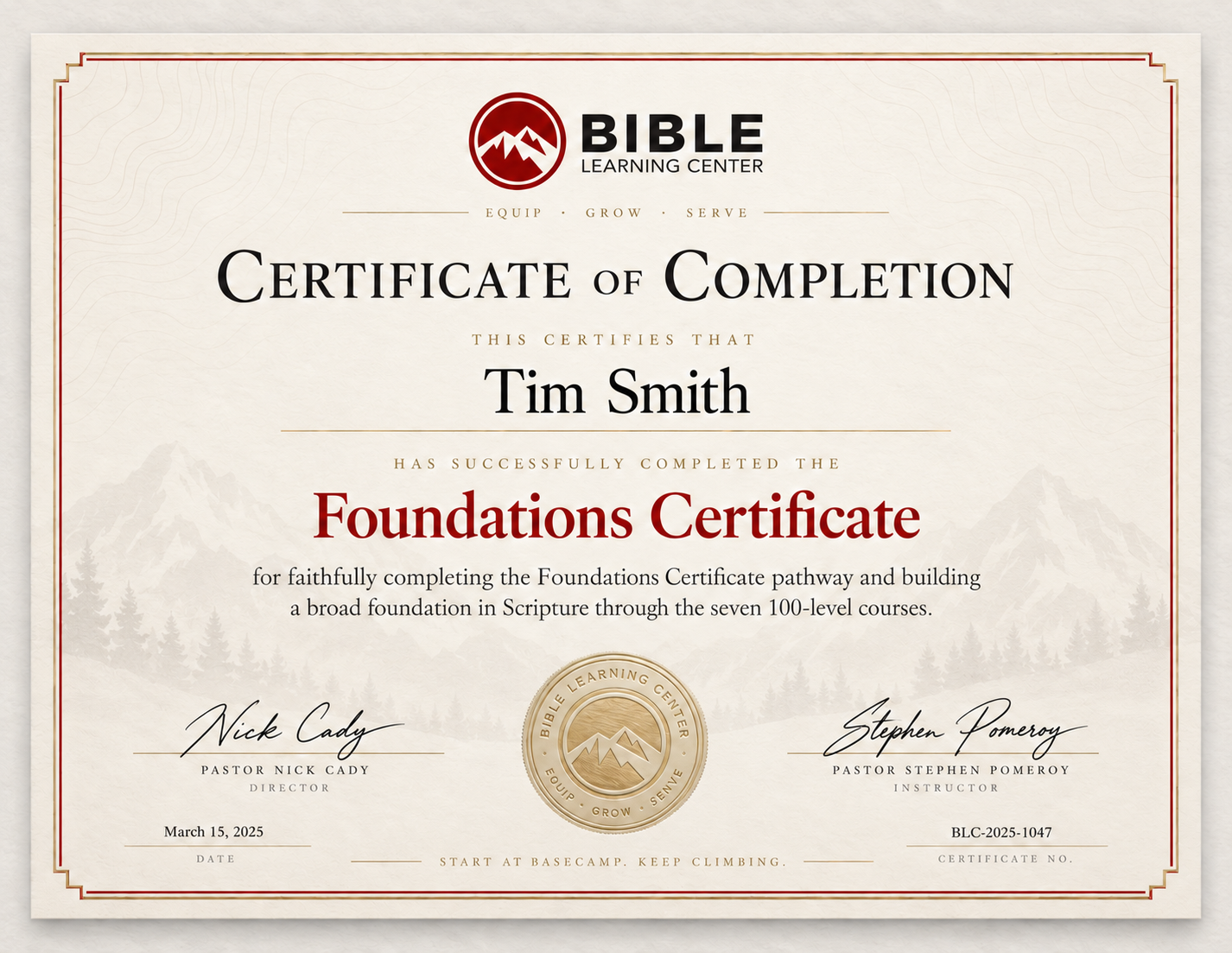 BLC Foundations Certificate certificate design example with cream parchment, burgundy and gold border, mountain artwork, and gold seal