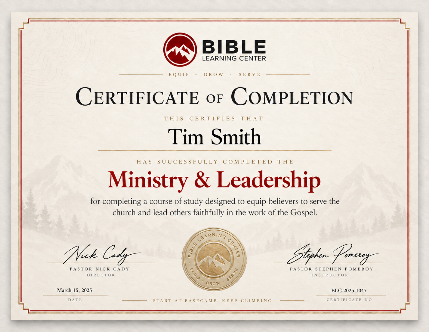 BLC Ministry & Leadership certificate design example with cream parchment, burgundy and gold border, mountain artwork, and gold seal